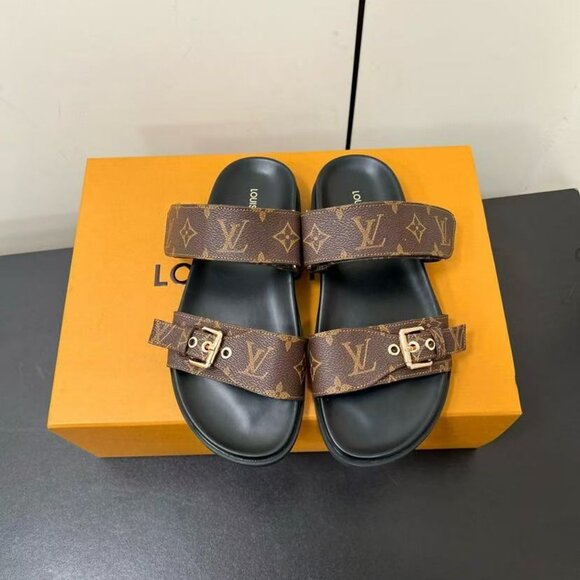 LOUIS VUITTON Brown LV Monogram Bom Dia Flat Slide Sandal - Picture 1 of 6